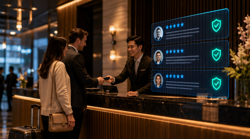 Warm hotel reception with welcoming staff